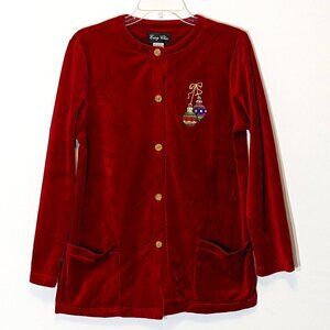 Women's "Easy Chic" Red Velour Long Sleeve Christmas Blouse; Size M